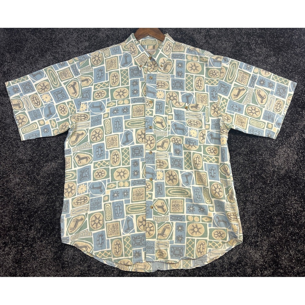 Vintage Bugle Boy Company XL Button Up Shirt Short Sleeve Novelty Print Menswear